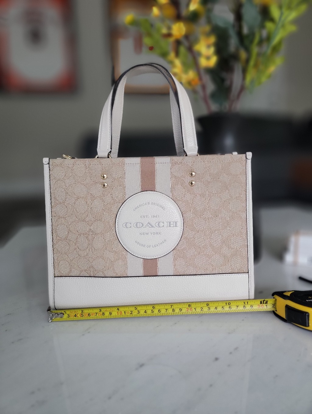 Coach Dempsey Carryall Signature Jacquard Stripe Coach Patch White Cream